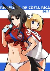 Rule 34 | 10s, 2014, 2014 fifa world cup, 2girls, animal ears, black hair, blonde hair, blue eyes, breasts, brown eyes, costa rica, dominica s. gentile, drinking, head wings, jane t. godfrey, large breasts, long hair, looking at viewer, medium breasts, mozu (peth), multiple girls, navel, panties, short hair, soccer, soccer uniform, sportswear, standing, strike witches, strike witches: kurenai no majo-tachi, tail, underwear, white panties, wings, world cup, world witches series