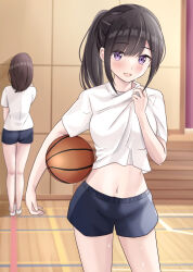 Rule 34 | 2girls, :d, ball, basketball (object), black hair, black shorts, blush, breasts, brown hair, carrying, carrying under arm, clothes lift, commentary request, gym shirt, gym shorts, gym uniform, hand up, highres, indoors, lifted by self, medium breasts, multiple girls, navel, open mouth, original, ponytail, purple eyes, shirt, shirt lift, short shorts, short sleeves, shorts, smile, sweat, white shirt, wooden floor, yukimaru217