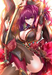 Rule 34 | 1girl, absurdres, arm up, armpits, black thighhighs, blush, breasts, cleavage, cosplay, fate/grand order, fate (series), hair between eyes, highres, holding, holding sword, holding weapon, japanese clothes, katana, kimono, large breasts, long hair, looking at viewer, magatama, miyamoto musashi (fate), miyamoto musashi (fate) (cosplay), miyamoto musashi (third ascension) (fate), nez-box, obi, purple hair, red eyes, sash, scathach (fate), short kimono, smile, solo, sword, thighhighs, thighs, weapon