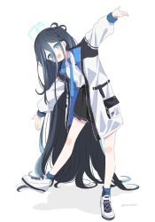 Rule 34 | 1girl, absurdly long hair, aris (blue archive), black hair, black skirt, blue archive, blue eyes, blue necktie, blue socks, blush stickers, buttons, coat, commentary request, flat chest, full body, hair between eyes, halo, ica, leg up, long hair, long sleeves, looking at viewer, necktie, open mouth, outstretched arms, pleated skirt, pocket, shirt, shoes, skirt, smile, sneakers, socks, solo, very long hair, white background, white coat, white footwear, white shirt, wing collar