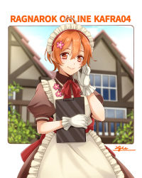 Rule 34 | 1girl, 20nigu, ahoge, apron, blush, bow, bowtie, brown dress, clipboard, closed mouth, commentary request, commission, cowboy shot, dress, flower, gloves, hair between eyes, hair flower, hair ornament, holding, holding clipboard, kafra uniform, looking at viewer, maid, maid headdress, orange eyes, orange hair, paid reward available, pink flower, puffy short sleeves, puffy sleeves, ragnarok online, red bow, red bowtie, roxie (ragnarok online), short hair, short sleeves, signature, skeb commission, smile, solo, white apron, white gloves
