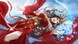 Rule 34 | 1girl, absurdres, bare legs, brown hair, cai lin (doupo cangqiong), cloud, collar, detached sleeves, doupo cangqiong, dress, energy, hair ornament, highres, hua wei yang, long hair, looking up, metal collar, parted lips, red dress, red eyes, red nails, ripples, second-party source, sideways, solo, teeth, upper body, water