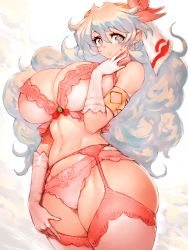 Rule 34 | 1girl, absurdres, alternate breast size, armlet, ass, blue eyes, blush, bra, breasts, cleavage, cross-shaped pupils, curvy, fumio (rsqkr), garter straps, gloves, highres, huge breasts, lingerie, long hair, looking at viewer, navel, nia teppelin, smile, solo, stomach, symbol-shaped pupils, tengen toppa gurren lagann, thick thighs, thighhighs, thighs, underwear, underwear only, unusual pupils, very long hair, white bra, white gloves, wide hips