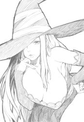 Rule 34 | 1girl, bare shoulders, breasts, cleavage, detached sleeves, dragon&#039;s crown, greyscale, hand on own hip, hat, hat over one eye, hip focus, huge breasts, kimura daisuke, leaning forward, long hair, monochrome, one eye covered, sketch, solo, sorceress (dragon&#039;s crown), witch hat