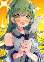 Rule 34 | 1girl, blush, breasts, collared shirt, commentary, detached sleeves, frog hair ornament, gohei, green eyes, green hair, hair ornament, hair tubes, highres, holding, japanese clothes, kochiya sanae, long hair, miko, multiple girls, open mouth, shirt, sleeveless, sleeveless shirt, solo, star-shaped pupils, star (symbol), symbol-shaped pupils, tamagogayu1998, touhou, white shirt, yellow background