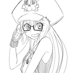 Rule 34 | 1girl, arc system works, bespectacled, eyelashes, fingerless gloves, flat chest, glasses, gloves, greyscale, grin, guilty gear, guilty gear xrd, hat, long hair, may (guilty gear), monochrome, pirate hat, poncocchan, semi-rimless eyewear, sketch, skull and crossbones, smile, solo, under-rim eyewear