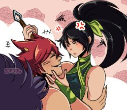 Rule 34 | 1boy, 1girl, abstract background, akali, angry, animal ears, artist name, black hair, blush, brown eyes, commission, happy, headband, hetero, highres, holding, holding weapon, kunai, league of legends, ponytail, red hair, riot shield, sett (league of legends), sharp teeth, shield, smile, sylveon francy, teeth, weapon