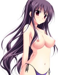 Rule 34 | 00s, 1girl, atelier kaguya, bare legs, bare shoulders, bikini, bikini bottom only, braid, breasts, choco chip, cleavage, closed mouth, collarbone, dutch angle, eyelashes, feet out of frame, female focus, game cg, hair between eyes, large breasts, lips, long hair, looking at viewer, navel, nipples, no bra, open clothes, prima stella, purple bikini, purple hair, red eyes, shade, side-tie bikini bottom, simple background, smile, solo, solo focus, standing, stomach, swimsuit, tachi-e, takasu miyabi, thighs, topless, transparent background, upper body, very long hair