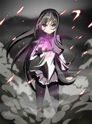 10s 1girl akemi_homura akemi_homura_(magical_girl) bad_id bad_pixiv_id black_hair black_pantyhose blood blood_on_face female_focus glowing hairband long_hair mahou_shoujo_madoka_magica mahou_shoujo_madoka_magica_(anime) pantyhose purple_eyes serious smoke solo suiya very_long_hair