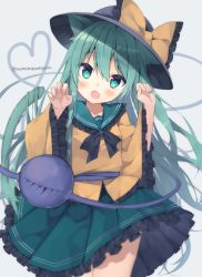 Rule 34 | 1girl, alternate hair length, alternate hairstyle, animal ears, black hat, black neckwear, blush, bow, cat ears, cat tail, claw pose, commentary, cowboy shot, fang, frilled shirt, frills, green eyes, green hair, green skirt, grey background, hands up, hat, hat bow, heart, heart of string, highres, kemonomimi mode, komeiji koishi, long hair, long sleeves, looking at viewer, momomaron, open mouth, shirt, skin fang, skirt, solo, tail, third eye, touhou, twitter username, very long hair, wide sleeves, yellow bow, yellow shirt