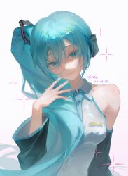 Rule 34 | 1girl, absurdres, aqua eyes, aqua hair, aqua nails, aqua necktie, artist name, bare shoulders, black sleeves, breasts, collared shirt, dated, detached sleeves, grey background, grey shirt, hair ornament, hand up, hatsune miku, hatsune miku (noodle stopper), highres, long hair, looking at viewer, meme, necktie, shirt, side ponytail, sidetail miku noodle stopper (meme), sleeveless, sleeveless shirt, small breasts, smile, solo, upper body, very long hair, vocaloid, xiaoji chuangzao