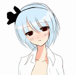 Rule 34 | 1girl, bad id, bad pixiv id, collarbone, couzone, female focus, head tilt, konpaku youmu, looking at viewer, open clothes, open shirt, parted lips, portrait, profile, red eyes, shirt, short hair, simple background, sketch, solo, touhou, white hair