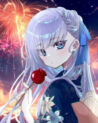 Rule 34 | 1girl, blue eyes, blue kimono, blue ribbon, blush, candy apple, expressionless, fate/grand order, fate (series), fireworks, floral print, food, hair ribbon, highres, japanese clothes, kimono, long hair, looking at viewer, meltryllis (fate), outdoors, purple hair, ribbon, sky, solo, upper body, yamuimo