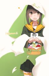 Rule 34 | 1girl, absurdres, adapted costume, basket, black cardigan, black hair, black skirt, blush, candy, cardigan, food, fubuki (kancolle), ghost costume, green eyes, halloween, halloween costume, heart, highres, holding, holding basket, jewelry, kantai collection, long sleeves, looking at viewer, ma rukan, open cardigan, open clothes, open mouth, orange sailor collar, pleated skirt, ring, sailor collar, short hair, signature, skirt, smile, solo, wedding ring