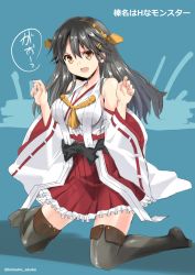 Rule 34 | &gt;:o, 1girl, asuka keisuke, bare shoulders, black hair, boots, breasts, brown eyes, detached sleeves, fang, full body, hair ornament, hairclip, haruna (kancolle), headgear, highres, kantai collection, large breasts, long hair, looking at viewer, nontraditional miko, open mouth, pleated skirt, red skirt, sitting, skirt, solo, thigh boots, thighhighs, twitter username, v-shaped eyebrows