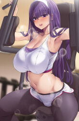 Rule 34 | 1girl, armpits, bare shoulders, blush, breasts, cleavage, collarbone, dolphin shorts, exercising, grey pantyhose, hairband, highres, large breasts, long hair, looking at viewer, navel, open mouth, original, pantyhose, purple eyes, purple hair, short shorts, shorts, sitting, smile, solo, sports bra, thighs, thomasz, weight machine, white shorts, white sports bra