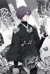Rule 34 | 1boy, adapted costume, bbunny, black hanbok, black ribbon, bug, butterfly, funeral of the dead butterflies, gun, hanbok, handgun, holding, holding gun, holding weapon, insect, korean clothes, library of ruina, long sleeves, looking at viewer, male focus, project moon, purple hair, ribbon, solo, upper body, weapon, white ribbon, yellow eyes, yesod (project moon)
