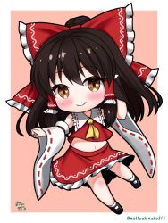 Rule 34 | 1girl, arms up, ascot, bare legs, black hair, blush, bow, brown eyes, chibi, closed mouth, commentary request, detached sleeves, frilled shirt collar, frills, full body, hair bow, hair tubes, hakurei reimu, highres, long hair, long sleeves, looking at viewer, mattyakinako (odango imomushi), midriff, navel, pink background, red bow, red skirt, red vest, simple background, skirt, skirt set, smile, solo, touhou, twitter username, vest, wide sleeves, yellow ascot