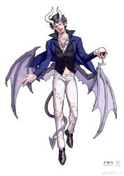 Rule 34 | 1boy, absurdres, alcohol, black footwear, black hair, black shirt, blue jacket, buttons, chest tattoo, collarbone, cup, demon horns, demon tail, demon wings, drinking glass, earrings, fangs, feijio yizhi, fingernails, forked tongue, full body, highres, holding, holding cup, horns, jacket, jewelry, long sleeves, looking at viewer, male focus, midriff peek, one piece, pants, pectoral cleavage, pectorals, pointy ears, popped collar, sharp fingernails, sharp teeth, shirt, simple background, solo, tail, tattoo, teeth, tongue, trafalgar law, weibo logo, white background, white horns, white pants, wine, wine glass, wings