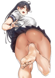 Rule 34 | 1girl, ahoge, ass, barefoot, blue hair, blush, breasts, brown eyes, convenient censoring, feet, flying sweatdrops, highres, huge breasts, kantai collection, long hair, no panties, open mouth, partially visible vulva, plump, pussy, sailor collar, school uniform, serafuku, short sleeves, simple background, skirt, solo, sweat, uru (uru0000), ushio (kancolle), white background