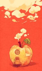 Rule 34 | apple, cloud, commentary, door, english commentary, food, food focus, fruit, highres, house, leaf, no humans, original, red background, shadow, simple background, smoke, stairs, steff (playground1997), twitter username, window
