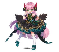 Rule 34 | 1girl, :d, angelic link, black dress, blush, bow, bowtie, brooch, dress, fang, feathered wings, footwear bow, full body, green bow, green bowtie, green eyes, green footwear, horns, jewelry, long hair, looking at viewer, low wings, noi mine, official art, open mouth, pigeon-toed, pink hair, red horns, shoes, simple background, smile, socks, solo, very long hair, white background, white socks, wings