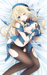 Rule 34 | 10s, 1girl, ;o, atago (kancolle), beret, black gloves, blonde hair, breast hold, breasts, brown pantyhose, cleavage, covered erect nipples, female focus, gloves, green eyes, hat, highres, jacket, kantai collection, large breasts, long hair, lying, military, military uniform, nanairo fuuka, one eye closed, open mouth, pantyhose, skirt, solo, torn clothes, torn gloves, torn jacket, torn pantyhose, torn skirt, uniform
