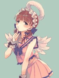 Rule 34 | 1girl, babui 4, blunt bangs, blush, bow, bowtie, brown hair, cropped shirt, fake halo, feathered wings, finger to mouth, frilled hairband, frilled sailor collar, frills, fur halo, hair bow, hairband, halo, idolmaster, idolmaster cinderella girls, idolmaster cinderella girls starlight stage, looking at viewer, plaid, plaid bow, plaid bowtie, pleated skirt, sailor collar, sakuma mayu, simple background, skirt, sleeveless, solo, twintails, white wings, wings, wrist cuffs