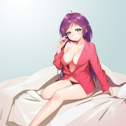 Rule 34 | 10s, 1girl, arm support, bed, bed sheet, black panties, breasts, clothes down, collarbone, come hither, fishkitty, green eyes, large breasts, long hair, looking at viewer, love live!, love live! school idol project, no bra, no pants, on bed, pajamas, panties, pov, purple hair, sitting, smile, solo, tareme, tojo nozomi, underwear, undressing