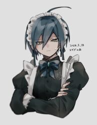 Rule 34 | 1boy, ahoge, alternate costume, apron, bishounen, black dress, black hair, blue bow, blue bowtie, bow, bowtie, buttons, closed mouth, commentary request, crossdressing, crossed arms, danganronpa (series), danganronpa v3: killing harmony, dated, dress, enmaided, eyelashes, hair between eyes, highres, juliet sleeves, long sleeves, looking at viewer, maid, maid apron, maid headdress, male focus, puffy sleeves, ringed eyes, saihara shuichi, short hair, signature, solo, sumi o0o, sweatdrop, upper body, white apron, white background, yellow eyes