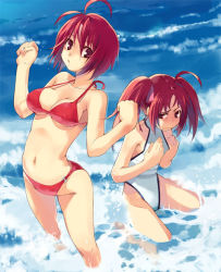 Rule 34 | 00s, 2girls, artist request, beach, bikini, breast conscious, breasts, day, embarrassed, halterneck, halterneck, kneeling, large breasts, medium breasts, multiple girls, ocean, one-piece swimsuit, outdoors, red bikini, red eyes, red hair, source request, swimsuit, water, white one-piece swimsuit