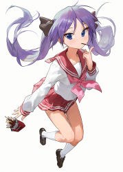 Rule 34 | 1girl, blue eyes, brown footwear, eating, food, full body, highres, hiiragi kagami, kneehighs, loafers, long hair, looking to the side, lucky star, modare, pink neckwear, pleated skirt, pocky, purple hair, red sailor collar, red skirt, ryouou school uniform, sailor collar, school uniform, serafuku, shoes, simple background, skirt, socks, solo, thigh gap, tsurime, twintails, white background, white socks