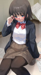 Rule 34 | 1girl, adjusting eyewear, arm up, black hair, black jacket, blue eyes, blush, brown pantyhose, brown skirt, buttons, collared shirt, commentary request, feet out of frame, from above, glasses, hachinatsu, hand on eyewear, highres, indoors, jacket, long hair, long sleeves, looking at viewer, looking up, on ground, open clothes, open jacket, open mouth, original, pantyhose, papers, pleated skirt, red-framed eyewear, school uniform, shirt, shirt tucked in, sitting, skirt, smile, solo, thick eyelashes, uniform, white shirt, wrinkled fabric