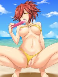 Rule 34 | 1girl, anus, azanami (pso2), bare shoulders, barefoot, beach, bikini, breasts, censored, clothing aside, cloud, colored pubic hair, dildo, feet, female pubic hair, hair over one eye, highres, hou (hachiyou), large breasts, legs, licking, looking at viewer, navel, nipples, ocean, panties, panties aside, phantasy star, phantasy star online 2, ponytail, pubic hair, pussy, pussy juice, red hair, red pubic hair, saliva, saliva trail, sand, sex toy, sky, solo, squatting, swimsuit, thighs, toes, tongue, underwear, water, wet, yellow eyes