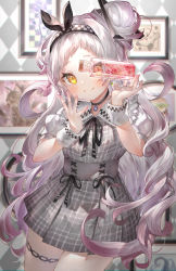 Rule 34 | 1girl, absurdres, black ribbon, blush, bottle, checkered hairband, commentary request, cowboy shot, curly hair, dress, grey hair, hair bun, herbarium, highres, hololive, huge filesize, indoors, jewelry, kirby, kirby (series), long hair, looking at viewer, murasaki shion, neck ribbon, necklace, nintendo, picture frame, plaid, plaid dress, portrait (object), ribbon, rin31153336, single hair bun, smile, solo, thigh strap, transparent, virtual youtuber, wrist cuffs, yellow eyes