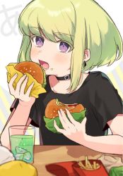 Rule 34 | 1boy, bad id, bad twitter id, blonde hair, blush, burger, colored eyelashes, drink, earrings, eating, food, food on face, french fries, green hair, highres, jewelry, karokuchitose, lio fotia, looking at viewer, male focus, open mouth, promare, purple eyes, solo