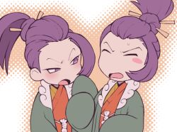 Rule 34 | ace attorney, androgynous, blush, closed eyes, hair bun, hair ornament, hair stick, hand fan, haori, holding, holding fan, japanese clothes, kimono, looking at another, minashirazu, multicolored clothes, multicolored kimono, open mouth, phoenix wright: ace attorney - spirit of justice, purple hair, single hair bun, uendo toneido