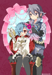 Rule 34 | 1boy, 1girl, alternate hairstyle, armor, artist name, blue hair, blush, boots, bow, earrings, fire emblem, fire emblem fates, flower, gloves, grey hair, hair flower, hair ornament, hair over one eye, jewelry, laslow (fire emblem), mirror, momosemocha, multicolored hair, nintendo, open mouth, peri (fire emblem), pink hair, purple eyes, red eyes, side ponytail, sitting, thighhighs, two-tone hair