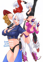 Rule 34 | absurdres, angel (kof), backless pants, boots, bra, cowboy boots, cropped jacket, fingerless gloves, gloves, hair over one eye, highres, horns pose, index fingers raised, jacket, leather, leather jacket, midriff, namisonpictures, pants, snk, strapless, strapless bra, the king of fighters, underwear, white hair