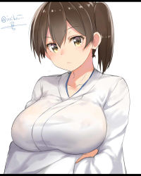 Rule 34 | 10s, 1girl, :&lt;, blush, breast hold, breasts, brown eyes, brown hair, covered erect nipples, eyebrows, hair between eyes, head tilt, isshiki (ffmania7), japanese clothes, kaga (kancolle), kantai collection, kimono, large breasts, letterboxed, lips, long sleeves, looking at viewer, see-through, side ponytail, solo, tsurime, upper body