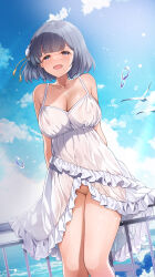 1girl bare_arms bird blue_eyes blue_hair blue_sky blush breasts cleavage cloud collarbone covered_erect_nipples covered_navel day dress frilled_dress frills gakuen_idolmaster hair_ornament hataya_misuzu highres horizon idolmaster large_breasts light_blush looking_at_viewer mk_(mod0) mole mole_under_mouth no_panties ocean open_mouth outdoors railing seagull see-through_clothes see-through_dress short_hair sky smile solo standing sundress water_drop white_dress