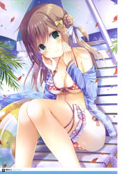 Rule 34 | 1girl, absurdres, artist name, bikini, blue sky, blush, bow, breasts, brown hair, cleavage, cloud, collarbone, day, floating hair, green eyes, hair between eyes, hair bow, hair ribbon, head tilt, highres, innertube, long hair, looking at viewer, medium breasts, orange bow, original, outdoors, page number, parasol, polka dot, polka dot bikini, red bikini, ribbon, shiiba nae, sitting, sky, solo, sparkle, striped, striped ribbon, swim ring, swimsuit, thigh strap, umbrella, underboob, yellow bow