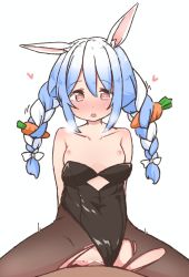 Rule 34 | blue hair, blush, breasts, censored, hetero, hololive, looking at viewer, multicolored hair, nipples, open mouth, penis, pov, pussy, rabbit ears, sex, small breasts, streaked hair, torn clothes, torn legwear, twintails, usada pekora, virtual youtuber, white background, yokaranuyakara