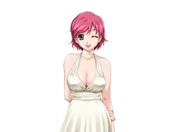 Rule 34 | 00s, 1girl, bare shoulders, breasts, cleavage, dress, game cg, green eyes, happoubi jin, iihara nao, large breasts, legs, looking at viewer, one eye closed, open mouth, pink hair, resort boin, short hair, simple background, smile, solo, standing, thighs, white background, wink
