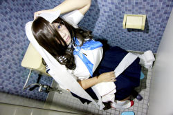 Rule 34 | 1girl, asian, bathroom, blue eyes, breasts, brown hair, chouzuki maryou, cleavage, cosplay, freckles, glasses, hip focus, idumi hoshi, idumi hoshi (cosplay), large breasts, little mermaid alone, photo (medium), plump, solo, thick thighs, thighs, toilet, toilet paper, wide hips