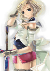 Rule 34 | 00s, 1girl, ashelia b&#039;nargin dalmasca, ass, breasts, cowboy shot, final fantasy, final fantasy xii, gradient background, hand on own head, holding, holding sword, holding weapon, mikazuki akira!, miniskirt, skirt, solo, sword, thighhighs, trimoon, weapon