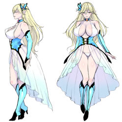 Rule 34 | 1girl, bare shoulders, blonde hair, boots, breasts, butterfly hair ornament, character sheet, choker, cleavage, concept art, curvy, detached sleeves, elf, full body, hair ornament, high heel boots, high heels, large breasts, long hair, looking at viewer, multiple views, no bra, panties, pointy ears, profile, revealing clothes, see-through, showgirl skirt, simple background, sketch, smile, standing, string panties, thick thighs, thigh boots, thighhighs, thighs, thong, underwear, usagi nagomu, white background, white panties