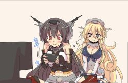 Rule 34 | 2girls, alternate eye color, black gloves, black hair, blonde hair, breasts, cleavage, commentary request, controller, elbow gloves, fingerless gloves, front-tie top, game controller, gloves, grey eyes, hair between eyes, headgear, indian style, iowa (kancolle), kantai collection, large breasts, long hair, malino (dream maker), multiple girls, nagato (kancolle), playing games, red eyes, red neckwear, simple background, sitting, sleeveless, striped legwear, television, thighhighs, vertical-striped legwear, wavy hair, white background