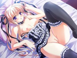 Rule 34 | 1girl, artist request, bed, black thighhighs, blonde hair, blue eyes, breasts, hair ribbon, lying, nagisano, nipples, no panties, purple eyes, pussy, ribbon, solo, source request, thighhighs, twintails, uncensored, yagyuu aoi