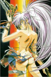 Rule 34 | 1990s (style), 1girl, ass, bandages, legend of lemnear, lemnear, long hair, nude, polearm, solo, torn clothes, urushihara satoshi, weapon